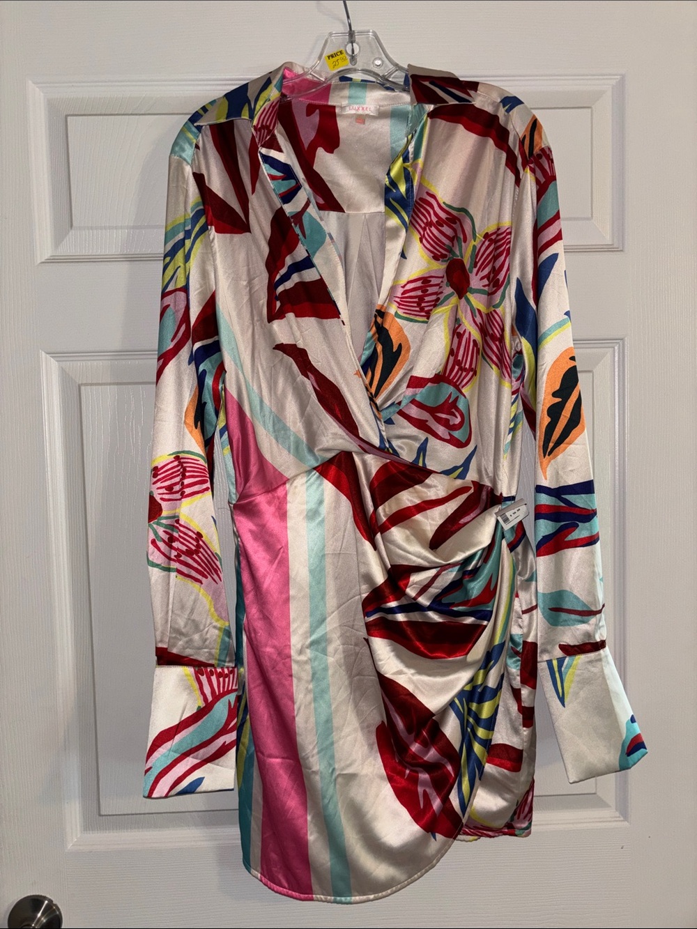 Luxxel Multicolor Floral Satin Wrap Dress - Pink Red Teal Blue Orange Cream